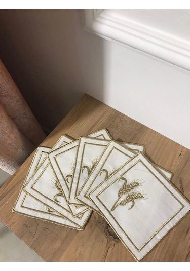 Nivemeshome Başak Nakışlı Gold Kare 6 Adet Keten Kokteyl Peçetesi Kahve Yanı Sunumluk Çok Renkli