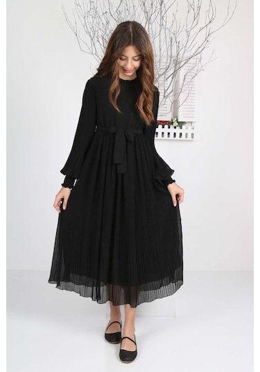 Kız Çocuk Uzun Boydan Pliseli Şifon Elbise Siyah