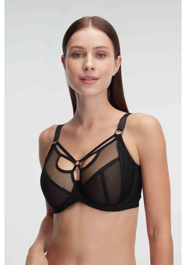 Tüllü Balenli Desteksiz Dolgusuz Yaka Detaylı Toparlayıcı Küçültücü Sütyen Siyah