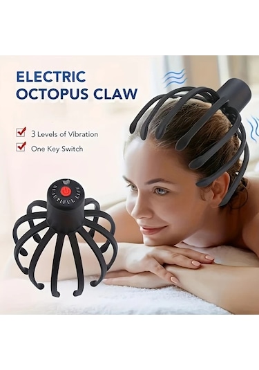Elmpaly Siyah 3 Seviye Titreşimli Elektrikli Ahtapot Kafa Masajı Cihazı Led Kırmızı Işık Usb Şarj siyah