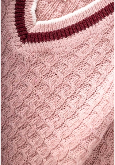 Cigit Saç Örgü V Yaka Kazak 2-9 Yaş Pudra Pembe Pudra Pembe