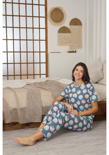 Kadın Yazlık Kısa Kol Penye Süprem Kumaş Pijama Takımı Mavi Turuncu