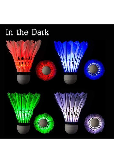 Vkemall Led Işıklı Badminton Topu 4'lü Paket Kırmızı, Yeşil, Mavi, Renkli - Gece Sporu İçin Dayanıklı, Hızlı Aktifasyon, Kauçuk Uç Ve Kazak Tüylü