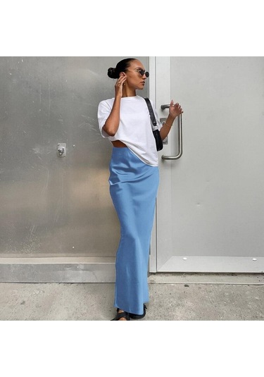 Saten Siyah Trompet Etek Ince Yüksek Bel Etekler Moda Kadın 2023 Yaz Katı Ofis Bayan Uzun Etek Kadın Zarif 27694 Mavi