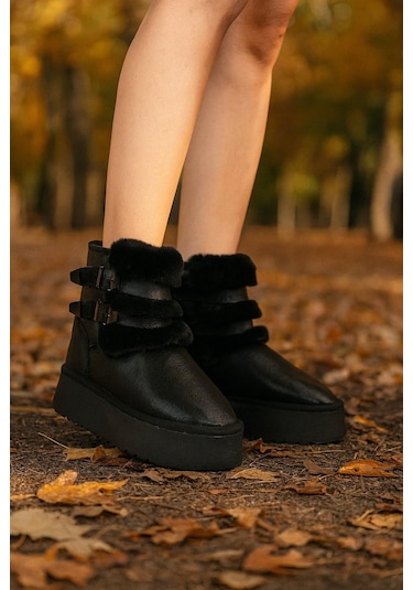 Çift Tokalı Kalıntaban Kadın Bot Siyah