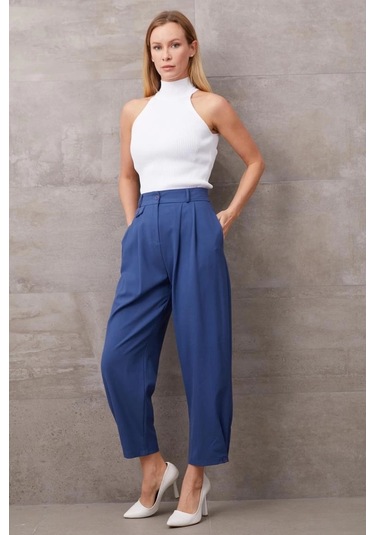 Paçası Düğmeli Yüksek Bel Pantolon Indigo