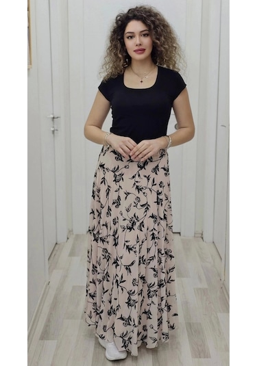 Bel Lastikli Flok Baskılı Kloş Şifon Etek 6003-siyah/pudra Siyah/pudra Siyah - Pudra