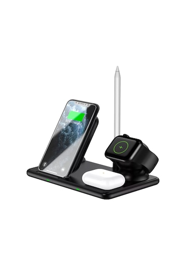 Ally W58 15W Qi Hızlı Şarj 4 In 1 iphone Uyumlu+ Airpods Pro Kablosuz Ş-Siyah