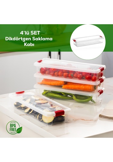 Porsima 455-4 4 Lü 2,3lt Kilitli Kapaklı Yiyecek Erzak Saklama Kabı Seti - Buzdolabı Düzenleyici Organizeri Şeffaf