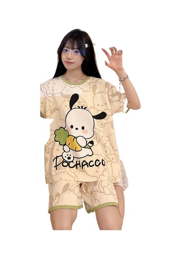 Snapbuy Göğüs Yastığı İle Şişme Önleyici Pijama Kadın Yaz Gülen Kore Kısa Kollu Şort Sevimli Öğrenci İnce Ev Giyim Seti 6017 Atlama Köpeği Göğüs Yastığı İle