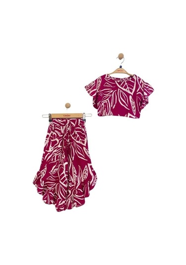 Kız Çocuk Beli Lastikli Desenli Pantolon Bluz Takım-13948 Fuşya