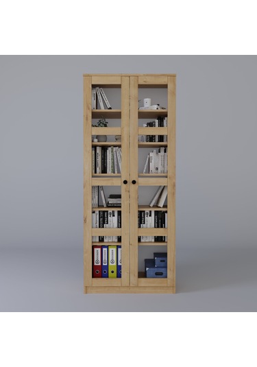 Lucas Cam Kapaklı Vitrin - Büfe - Kitaplık Ve Çok Amaçlı Dolap Ayarlanabilir Raf Ceviz - Meşe Safir Meşe