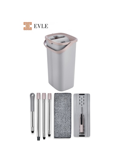 Lavine Premium Flat Mop Seti Gri, Su Tahliyeli Kova, Paslanmaz Çelik Sap