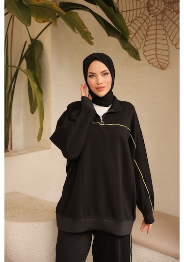 Tesettür Eşofman Takımı Ikili Takım Fermuarlı Yaka M-483 Siyah