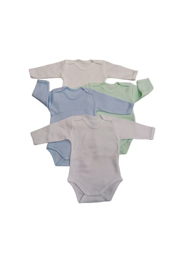 Uzun Kollu Çıtçıtlı Badi Bisiklet Yaka Hava Alır Kumaş  Zıbın 0 - 48 Ay  4'lü Paket Beyaz - Krem - Yeşil - Mavi