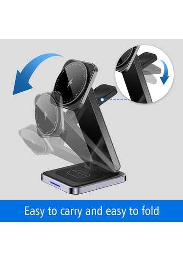 Dh11 3'ü 1 Arada Katlanabilir Şarj Standı Telefon İzle Kulaklık Çinko Alaşım Manyetik Kablosuz Şarj Cihazı Siyah