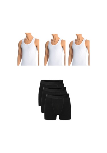 Erkek Pamuklu 3'lü Beyaz Atlet Ve 3'lü Siyah Boxer 6 Parça Set