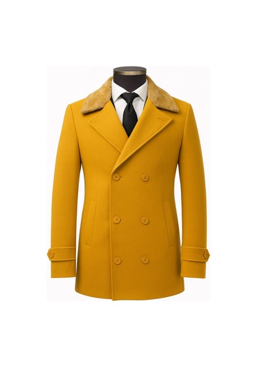 Erkek Kürklü Yaka Kaşe Kaban Slim Fit Çift Düğmeli Kışlık Mont Hardal Sarısı