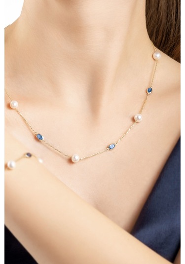 Doğal İnci Işıltısı 14 Ayar 45 Cm Sarı Altın Kolye Mavi