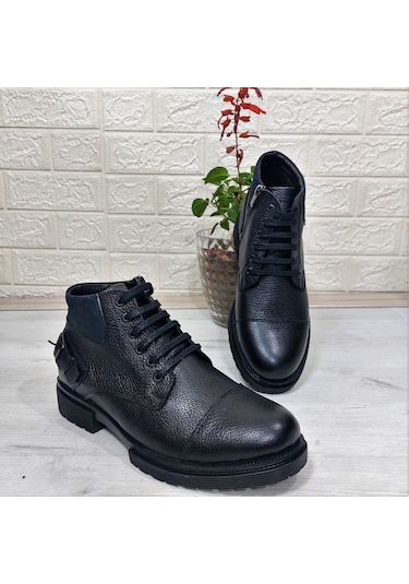 M.P 4201 Siyah Hakiki Deri Bağacaklı Fermuarlı Fuspetli Erkek Bot 001