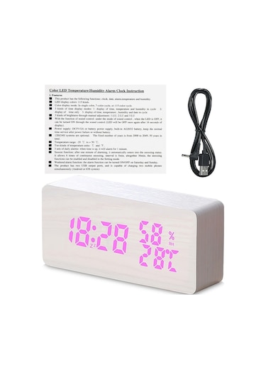 Ahşap Led Saat: 115 Renk, Zaman/sıcaklık/nem Gösterimi, Uyandırıcı, Uyku Geçirme, Ses Kontrolü Ve Telefon Şarjı Beyaz Ahşap