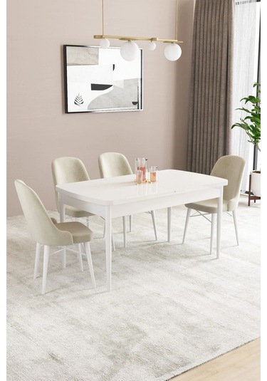 Sar Pakete Almira Serisi, Beyaz 80x132 Açılabilir Mdf Mutfak Masası Takımı 4 Adet Sandalye Krem
