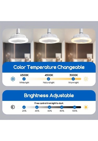 Boatshop1 1 Akıllı Tavan Fanı Işığı Uzaktan Kumanda E26 E27 Soket Ayarlanabilir Işık Fan Yuvarlak 1 Takım