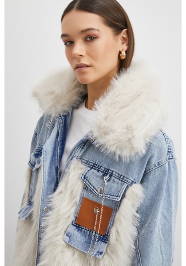 Kot Garnili Kürklü Mont Mavi Mavi
