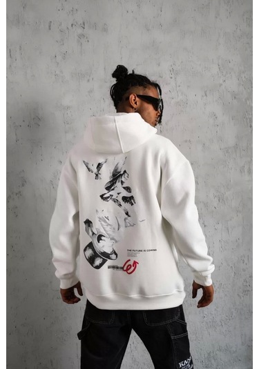 Erkek Şapkalı Güvercin Baskılı Kapşonlu Sweat - Beyaz Beyaz