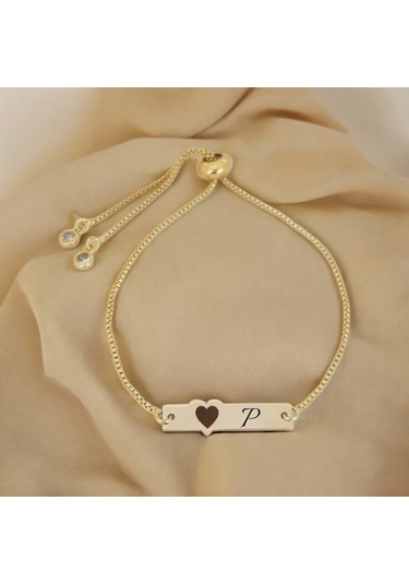 Archin P Harfine Özel Kalp Motifli 14 Ayar Altın Plakalı Zincirli Hediye Bileklik-432harf P