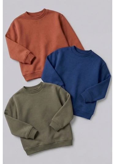 Zuzunga 3'lü Basic Şardonlu Çocuk Sweatshirt Kahverengi-haki-lacivert