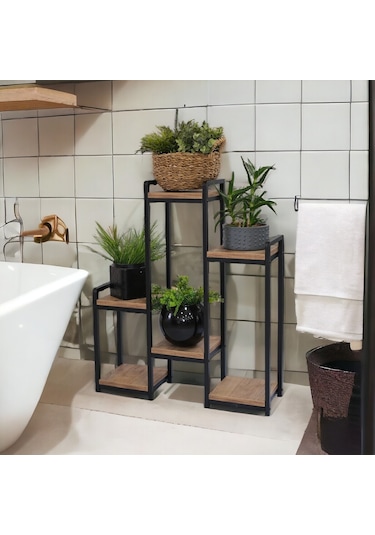 METAL AHŞAP 6 RAFLI SAKSI STANDI KATLI DİKEY SAKSILIK ÇİÇEKLİK