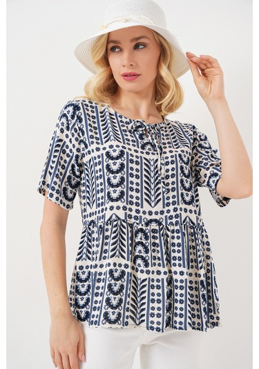 Kadın Desenli Kısa Kol Bluz 969 - İndigo Indigo