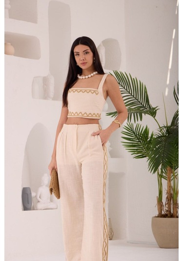 Zikzak Nakış Kalın Askılı Crop Bluz Pantolon 2li Takım Bej
