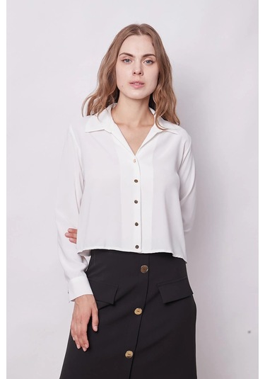 Kadın Likrasız Şık Kumaş Yakalı Uzun Kol Kısa Gömlek-krem Krem