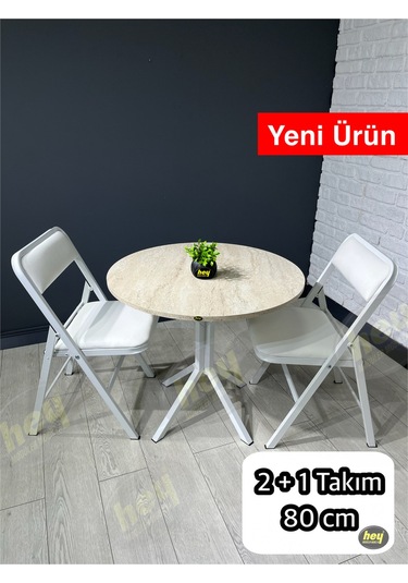 Aras 2 Kişilik Yuvarlak Mutfak Yemek Masası Takımı 2+1 Traverten Beyaz Deri 80 Cm Traverten-beyaz