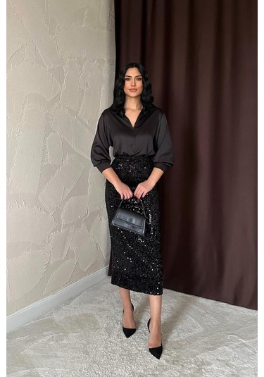Siyah Pulpayetli Parlak Etek Siyah
