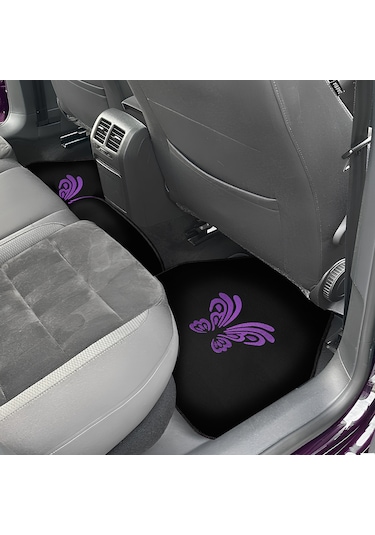 Kelebek Desenli Mor Nakışlı 5 Parça Siyah Oto Halı Paspas Seti Kadın Sürücülere Özel Şık Tasarım