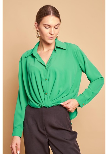 Yakalı Önü Pileli Uzun Kol Likrasız Şık Kumaş Gömlek-B.Yeşil B.Yeşili