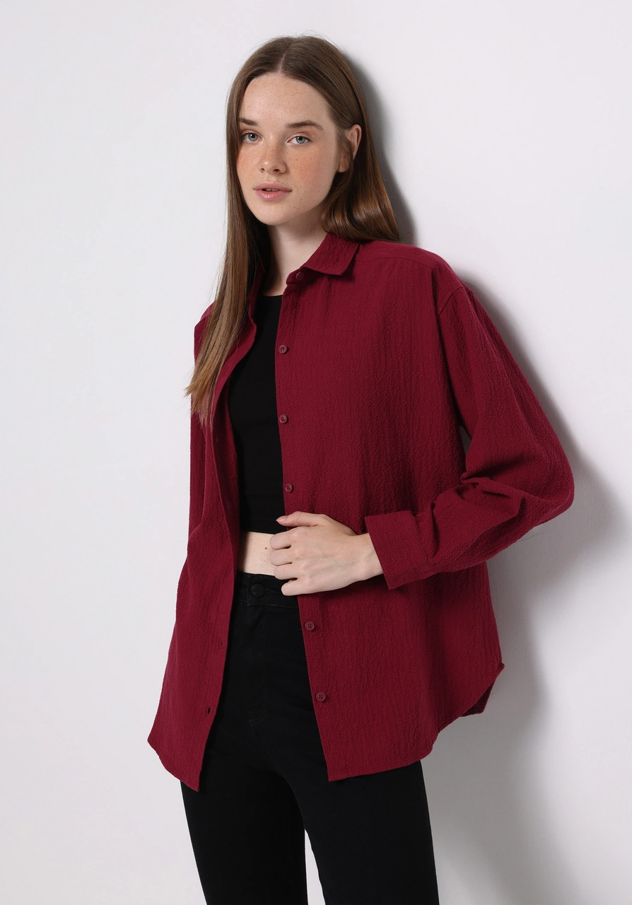 Colins Relax Fit Shirt Neck Düz Kadın Bordo Uzun Kol Gömlek Cl1077307 Q1.v1 Brd Bordo