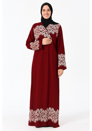 Halkalı Desenli Kruvaze Namaz Elbisesi Yandan Bağlamalı, Rahat Kesim 36 46 Beden Bordo