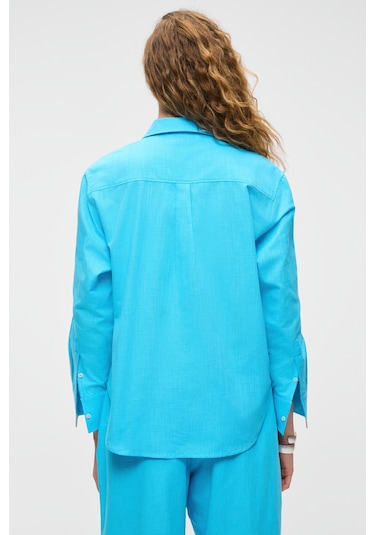 RIGO Kadın Gömlek Yaka Uzun Kol Regular Uzun İnce Mavi Gömlek