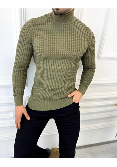 Kazak Slim Fit Tüylenmez Naturel Pamuk Triko Boğazlı Balıkçı Yaka Kazak Haki - Yeşil