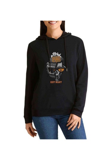 Pubg Iskelet Skull Baskılı Siyah Kadın Kapşonlu Sweashirt