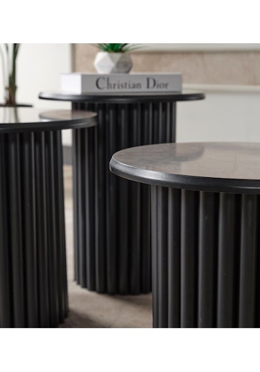 Kagu Boston Mdf 3'lü Sehpa Yuvarlak Ahşap Ve Metal Ayak