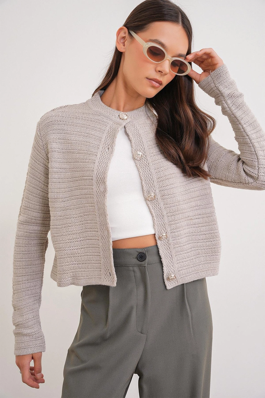 6778 Kadın Links Desenli Crop Triko Hırka Taş Taş