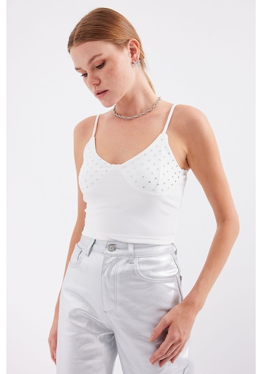 Bigdart 918 İp Askılı Crop Top - Beyaz 001