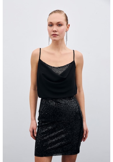 Sateen Degaje Yaka Bluz - Siyah-132140