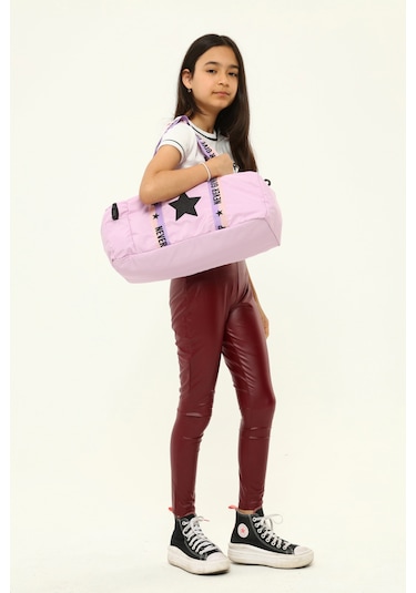 Kız Çocuk Yıldız Baskılı Spor Çanta, Yan Cepli Spor Çanta - Lila