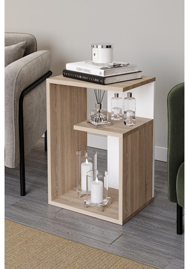 Simav Yan Sehpa Servis Sehpası Zigon Sehpa Koltuk Sehpası Beyaz - Meşe